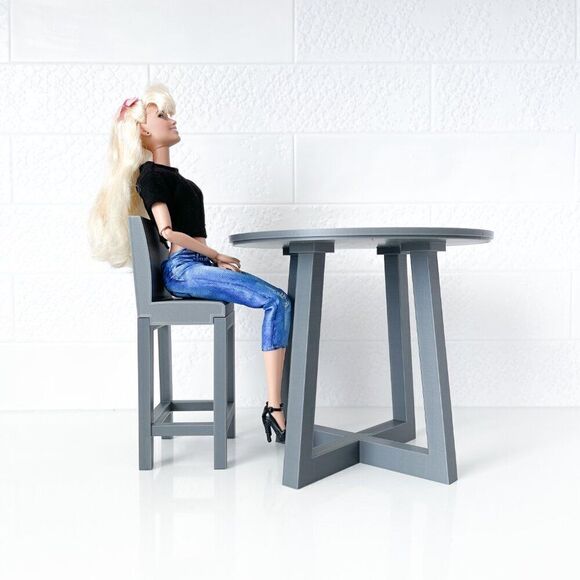 Miniature Barbie Gray Bistro Table 4 Chairs 3D Printed Dollhouse Furniture - Picture 3 of 5